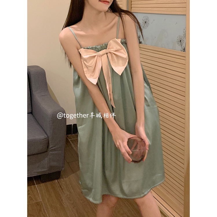 ✴stelan baju tidur wanita Korean high-end nightdress women s summer ice silk baru 2023 solid color bow girl thin section suspender dress #COD baju tidur wanita bahan kaos