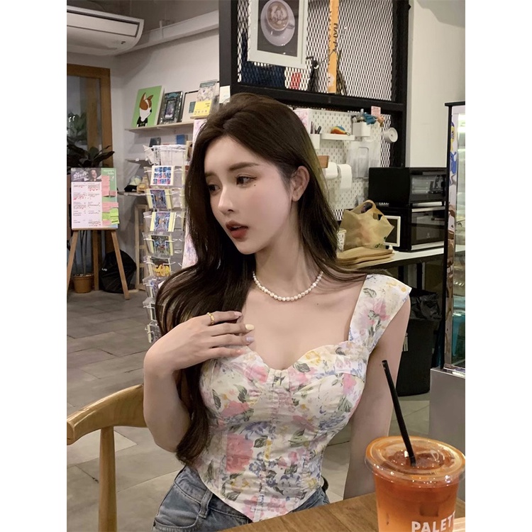 ◑☄△Suhao Sweet Spice Girl Kamisol Bunga Wanita Musim Panas Keinginan Murni Tanpa Lengan Irregular Pendek Slim Fit Top Mengenakan Crop Top Sexy Tank Top wanita Motif