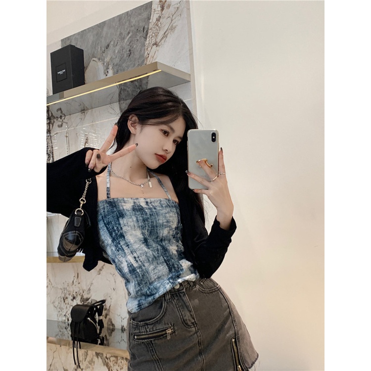 ▲Suhao Gaya Keinginan Murni Tie-Dye Camisole Top Suit Wanita Musim Panas Pendek Perlindungan Matahari Cardigan Selendang Mantel Dua Potong Set Tanaman tank Top Seksi Wanita Motif