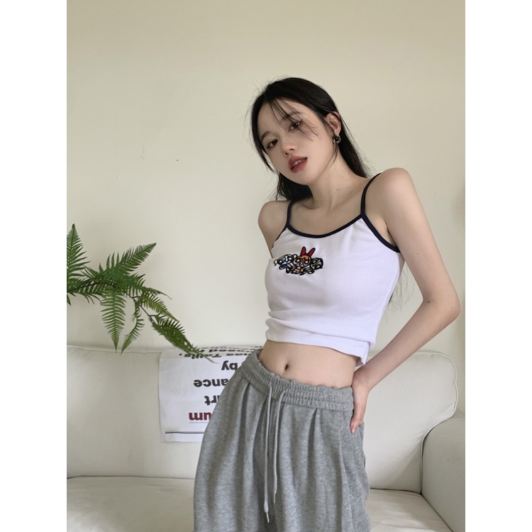 ▪✁☌Suhao American Retro Dicetak Putih Rompi BM Selempang Kecil Wanita Musim Panas Slim Fit Pendek Katun Kemeja Top Crop Top seksi Tank Top Wanita Motif