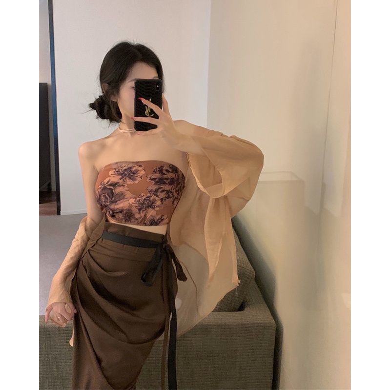 ∋✒☬Suhao Cina Baru Zen Suit Tube Top Rompi Wanita Musim Panas Chiffon Tabir Surya Kardigan Rok Panjang Rok Tiga Potong Tanaman top Seksi Tank Top Wanita Motif