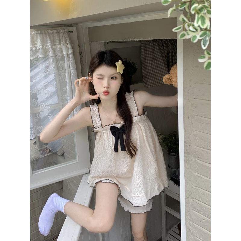 ✿❁✈Suhao manis busur ruffles sling piyama wanita bisa memakai celana piyama celana pendek dua potong layanan rumah set crop top sexy tank top wanita motif di musim panas