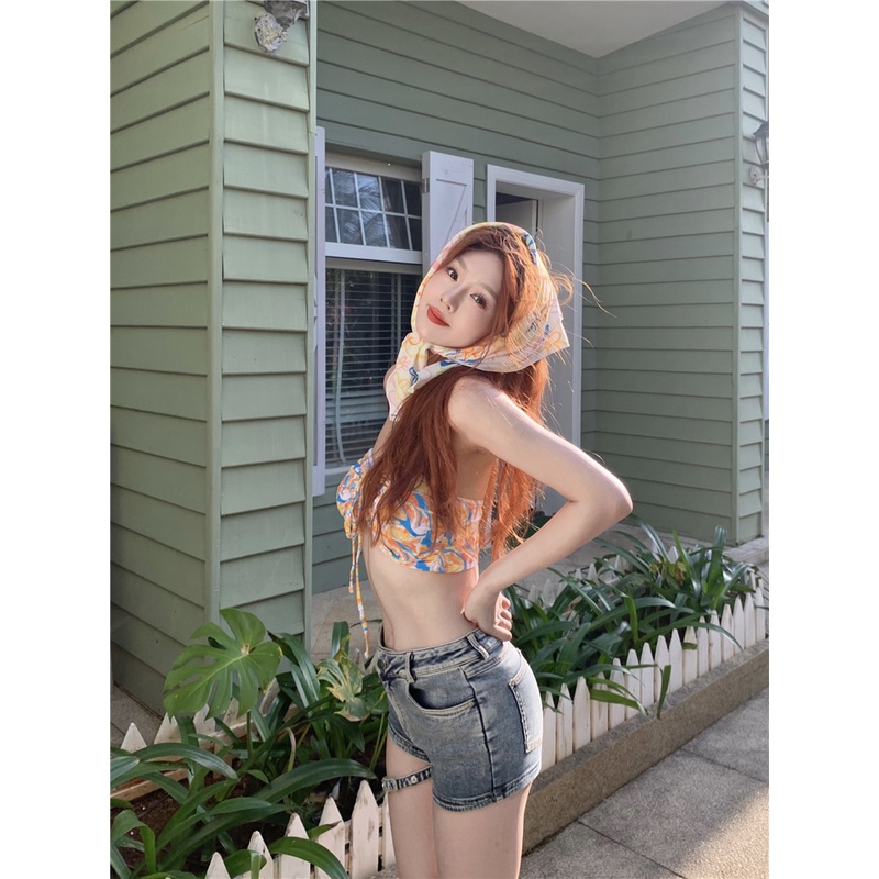 ♤Suhao Bumbu Manis Gadis Bunga Tabung Atas Rompi Kecil Wanita Musim Panas Bikini Strap Slim Chic Seksi Pendek Bagian Dalam Atasan Tanaman top Seksi Tank Top Wanita Motif