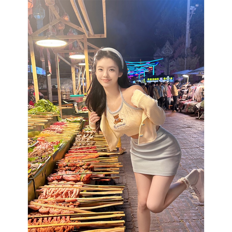 ▩Suhao hot girl lengan panjang rajutan cardigan wanita musim semi bagian tipis keinginan murni tinggi pinggang slim perlindungan matahari mantel manis pendek top crop top sexy tank top wanita motif