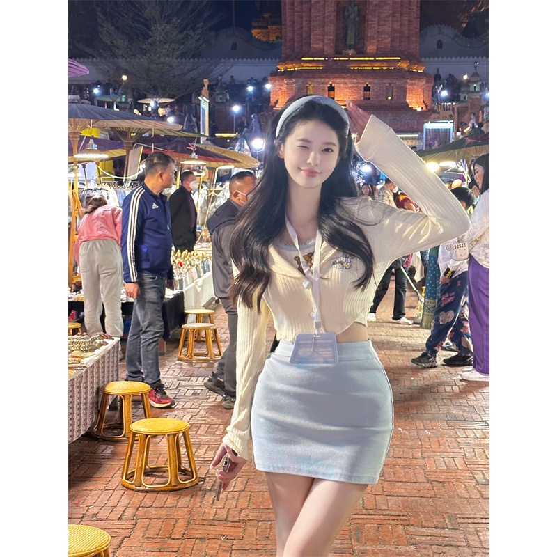 ▩Suhao hot girl lengan panjang rajutan cardigan wanita musim semi bagian tipis keinginan murni tinggi pinggang slim perlindungan matahari mantel manis pendek top crop top sexy tank top wanita motif