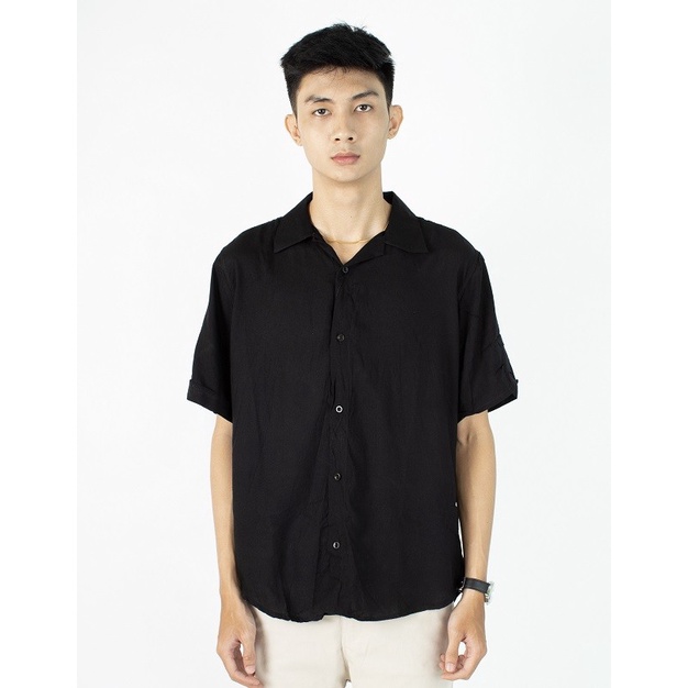 kemeja pria FortKlass Rayon Polos Hitam Kemeja Polos Pria Lengan Pendek Kasual - COKSU, L(R0O8) keme