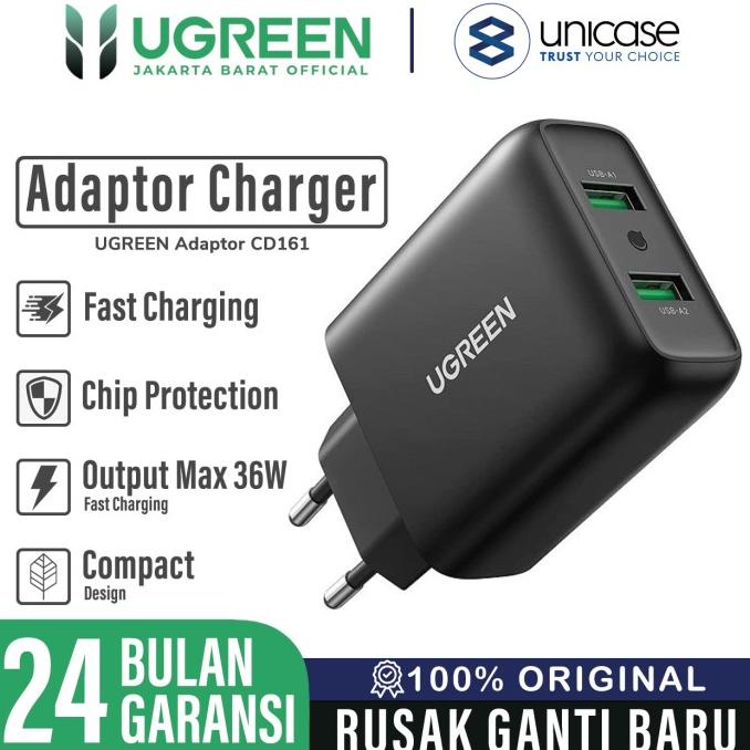 Wall Charger Kepala Adaptor Dual Port USB UGREEN 36W QC Fast Charging
