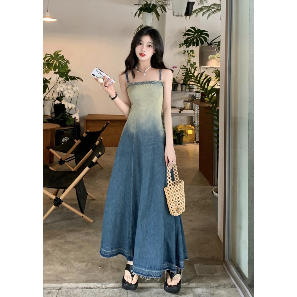 Red dreesGradien suspender rok denim dress wanita musim panas pinggang retro pelangsing rok A-line rok panjang