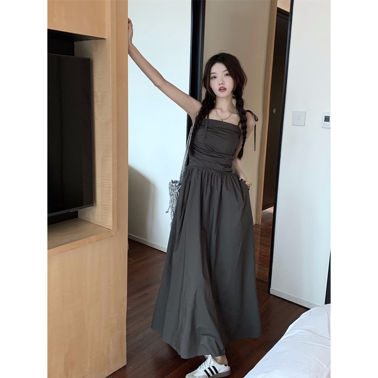 ●♘Gaun Musim Panas Pantai Bahasa Perancis Hepburn Style Tube Top Rok Lipit Sling Gaun Wanita Musim Panas Temperamen Pinggang A-line Rok Panjang Rok Aprikot