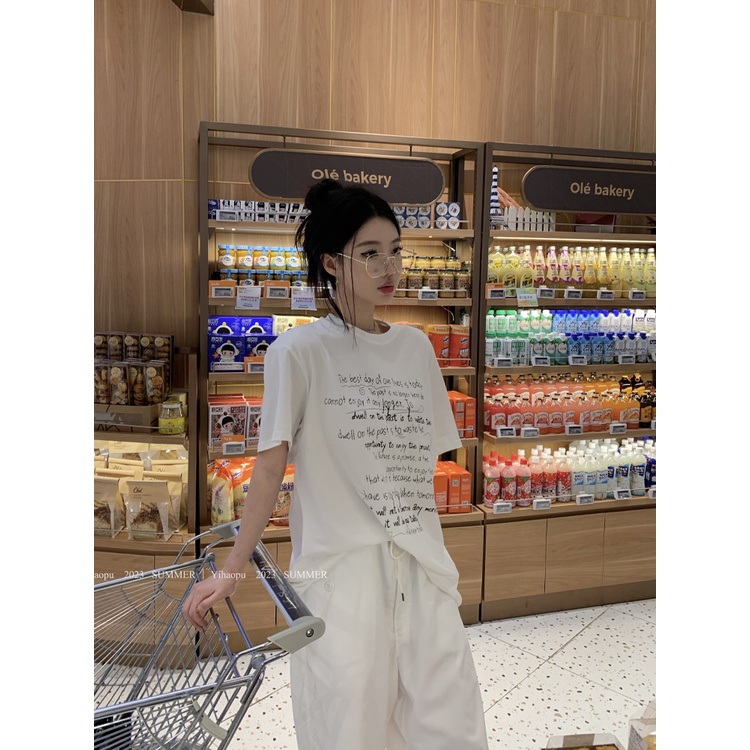 Red kaos Kuning Longgar Cetak Huruf Lengan Pendek T-shirt Wanita Musim Panas Rasa Desain Kembali Hollow Ketegaran Panjang In top