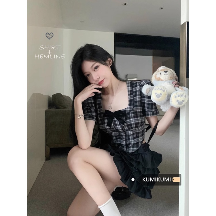 Red Retro kemeja lengan pendek kerah persegi manis setelan keren wanita musim panas kue rok rok rok pendek setelan dua potong kecil