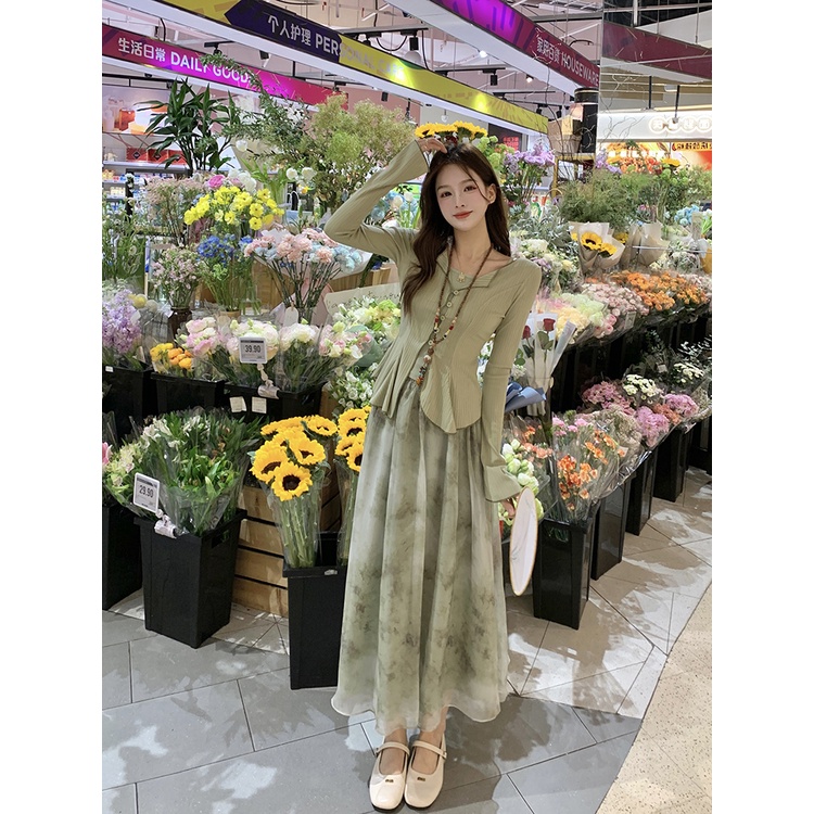 Red Baru Cina Zen Suit Kamisol Wanita Tabir Surya Cardigan Top Musim Panas Pinggang Tinggi Tinta Rok Set Tiga Potong