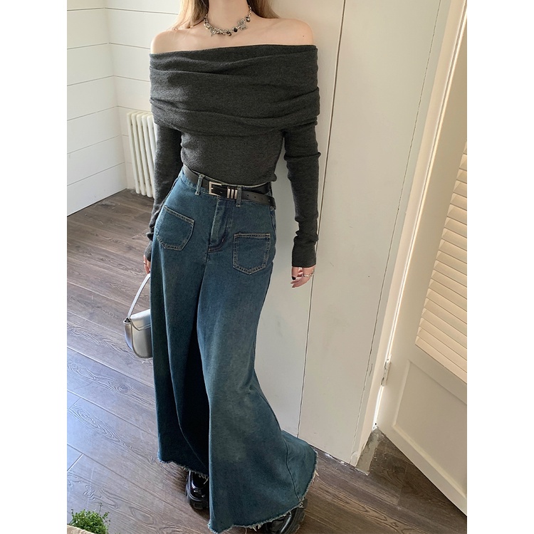 Red Spice girl suit wanita chic one-shoulder lengan panjang sweater top musim semi lebar kaki celana jeans fashion setelan jas