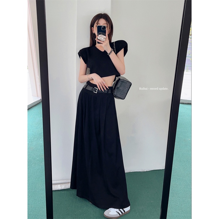 Red Temperamen setelan berkualitas tinggi hot girl pendek T-shirt top wanita musim panas rok pinggang tinggi rok panjang dua potong set