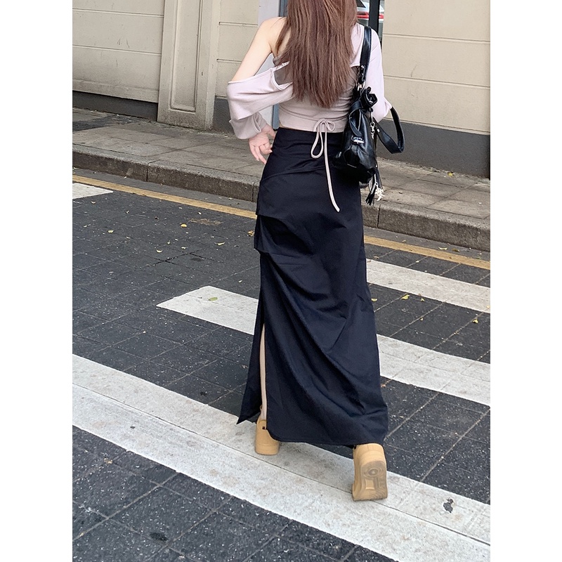 Red Rasa desain rok hitam wanita musim panas pinggang tinggi rok A-line tipis celah ceruk rok panjang rok perkakas rok