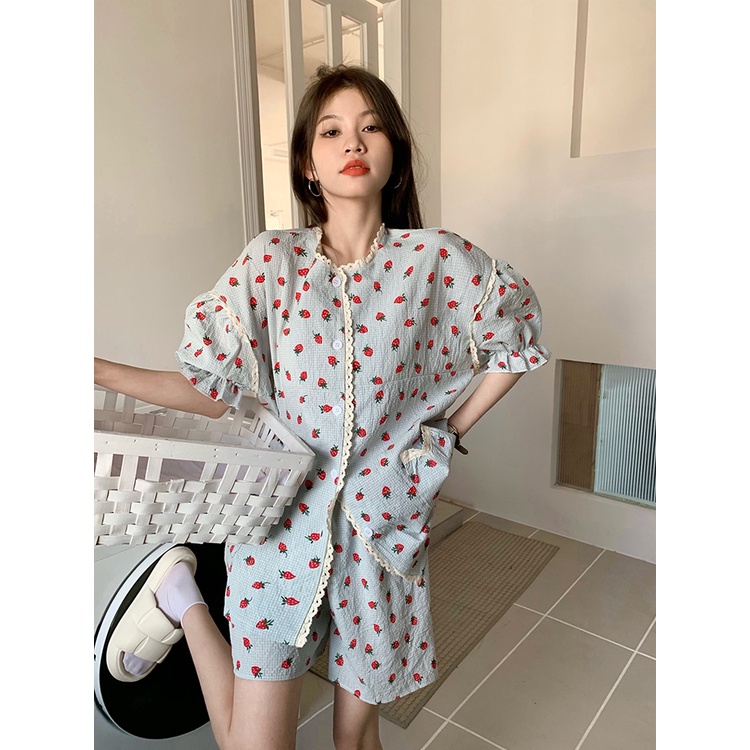 Red Strawberry Homewear Suit Wanita Jahitan Renda Longgar Piyama Musim Panas Kasual Celana Pendek Dua Potong Set