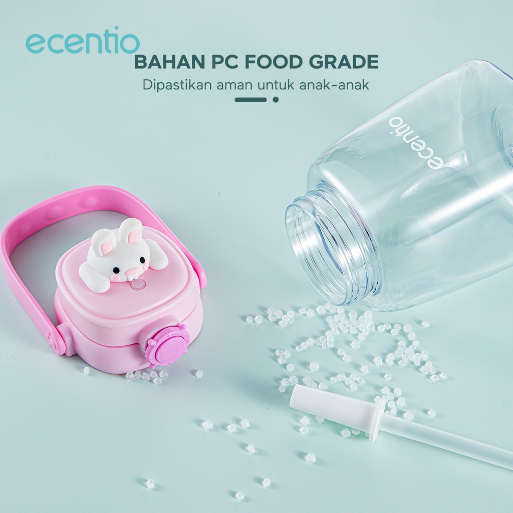 ecentio Botol tumbler Minum Anak Sedotan 1.2 L Lock Design Anti Bocor portable handle tali 3D Cartoon BPA FREE