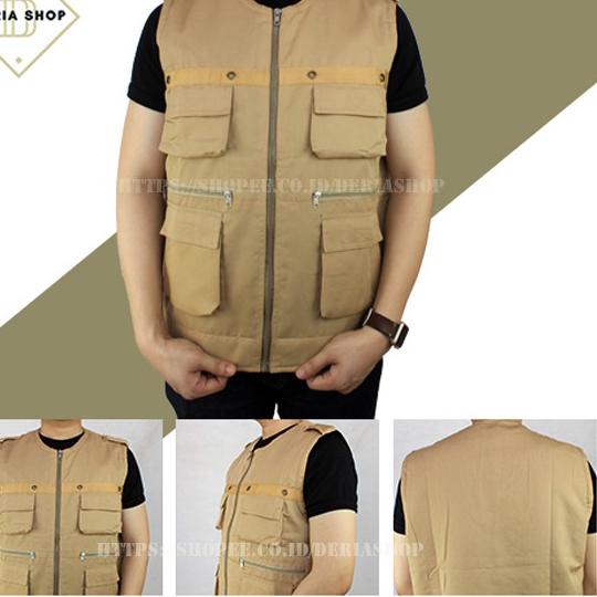 ✨TERBARU✨ Jaket Rompi Bahan Drill Pria Kerah Oblong Baju Vest Tactical Cowok Lapangan Outdoor Cowo D
