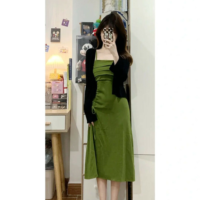 2023Gaun Hijau A-line Prancis, Gaun Ukuran Besar Selempang Tahan Matahari Dua Potong