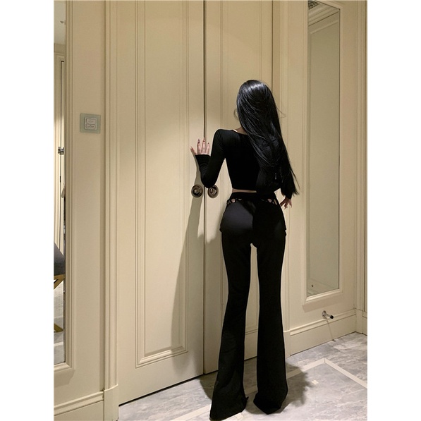 ♗celana wanita import hot girl mesh sexy short t-shirt top women s spring suit high waist flared pants casual pants two-piece pants wanita celana highwaist