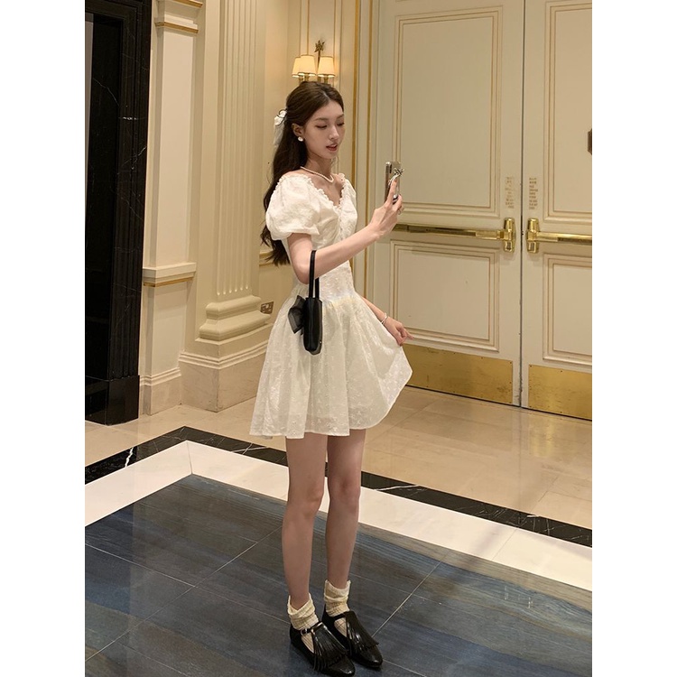 dress floral korea Arier Gaun Lembut Lengan Pendek Prancis, Rok Model Pengontrol Pinggang Amoi Chann