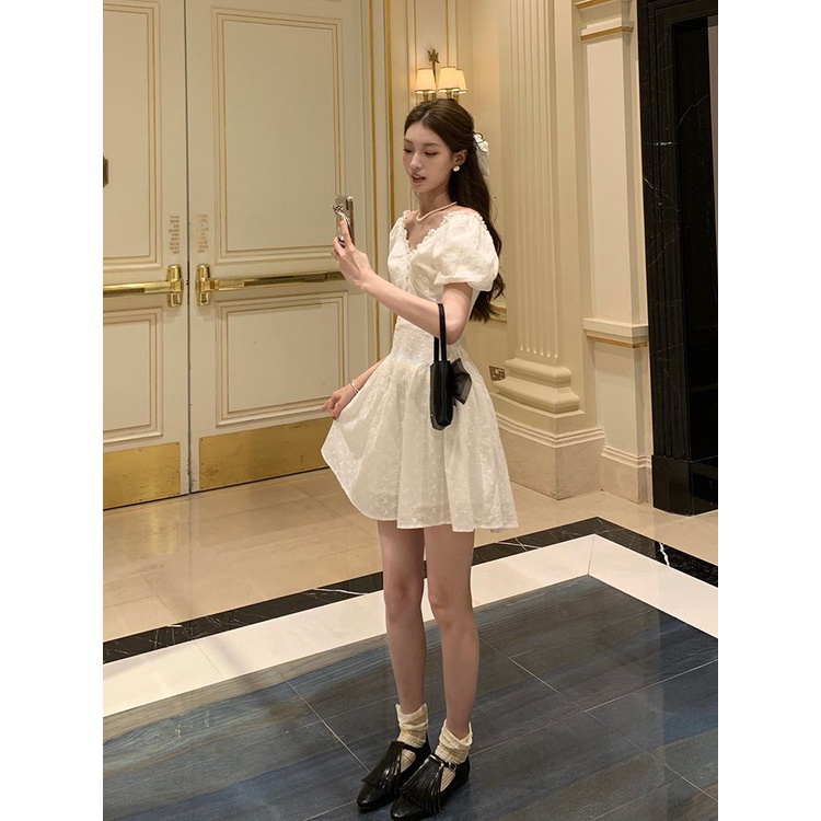 dress floral korea Arier Gaun Lembut Lengan Pendek Prancis, Rok Model Pengontrol Pinggang Amoi Chann