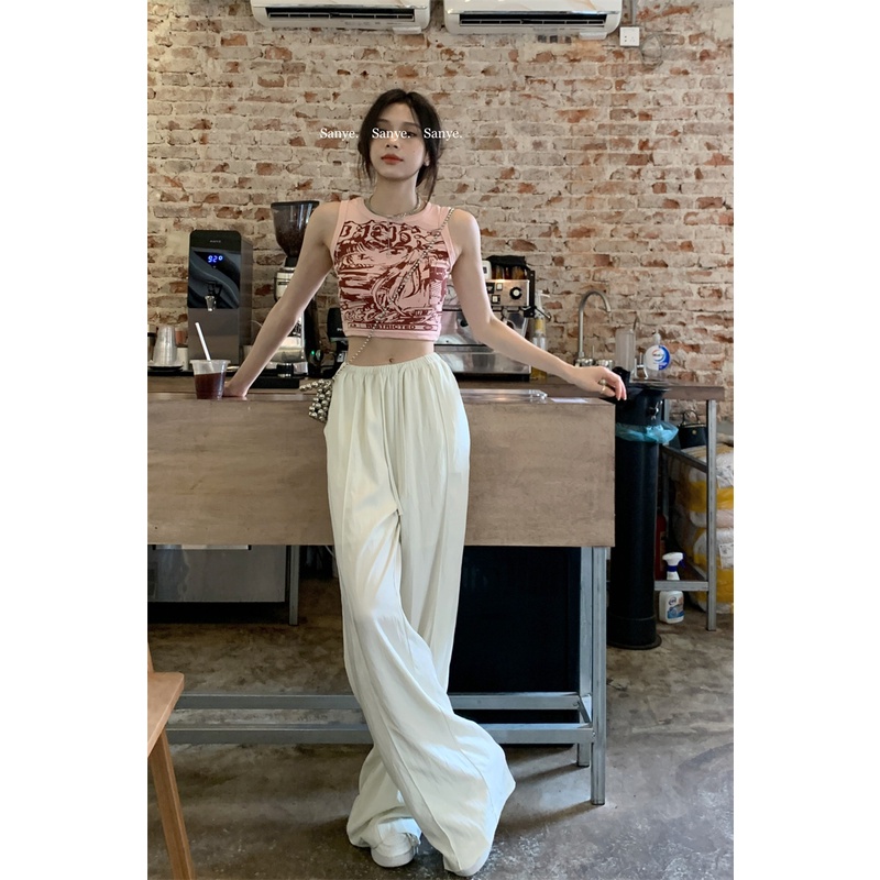 ✱celana wanita import apricot drawstring drape casual pants women s summer tencel pinggang elastis longgar sempit lebar kaki celana mengepel celana celana wanita celana highwaist