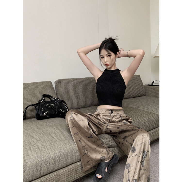 ♝celana wanita impor versi Korea satin dicetak celana kasual wanita musim panas tinggi pinggang longgar menggantungkan rasa desain lebar kaki celana mengepel celana celana wanita celana highwaist