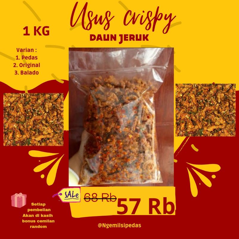 

keripik usus ayam crispy pedas daun jeruk (1 kg)