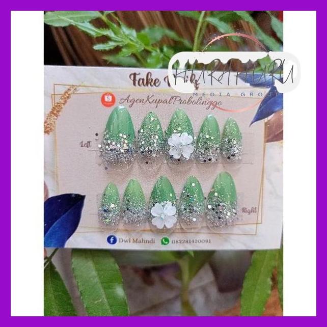 Kuku Palsu Green Sage/Hijau Sage/Agen Kupal Homemade/Agen Kuku Palsu Resmi/Kuku Wedding/Nail Art/Hen