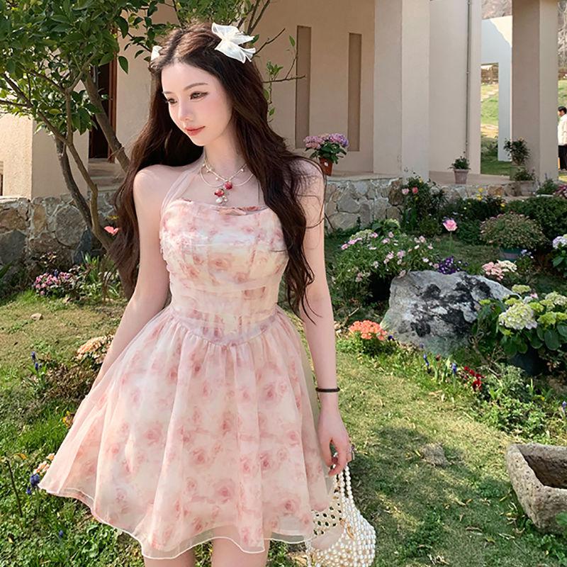 dress floral korea Rasakan Bunga Laut Pertama Cinta Rok Pink Mawar Manis Halter Gaun Panjang