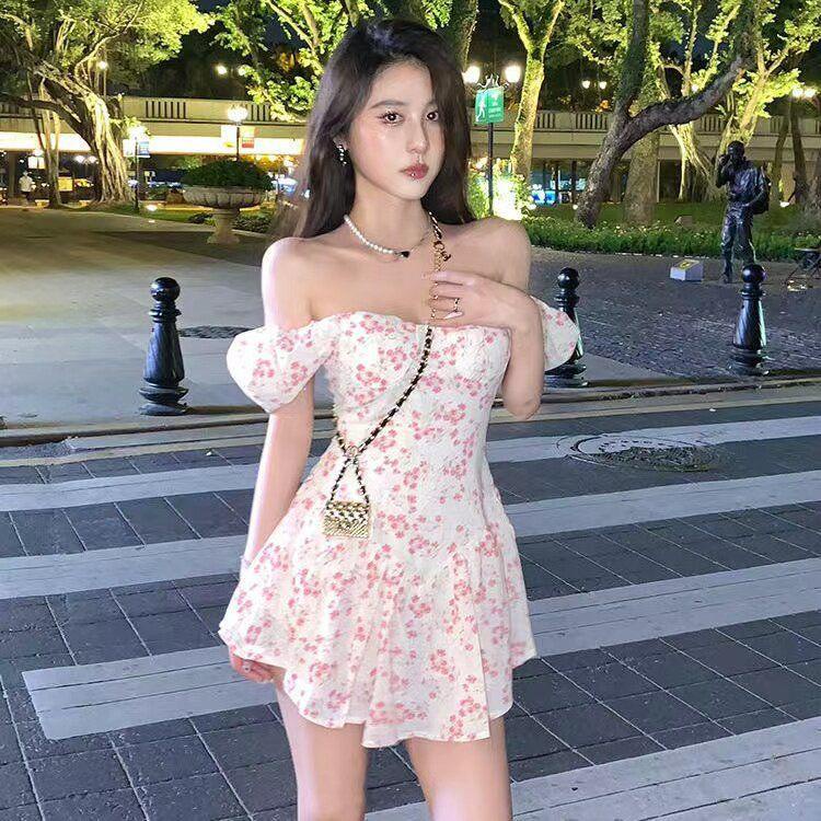 dress floral korea Gaun Bunga Wanita Lengan Pendek Musim Panas Gaun Peri Lembut Rok Pendek Ketat Pin