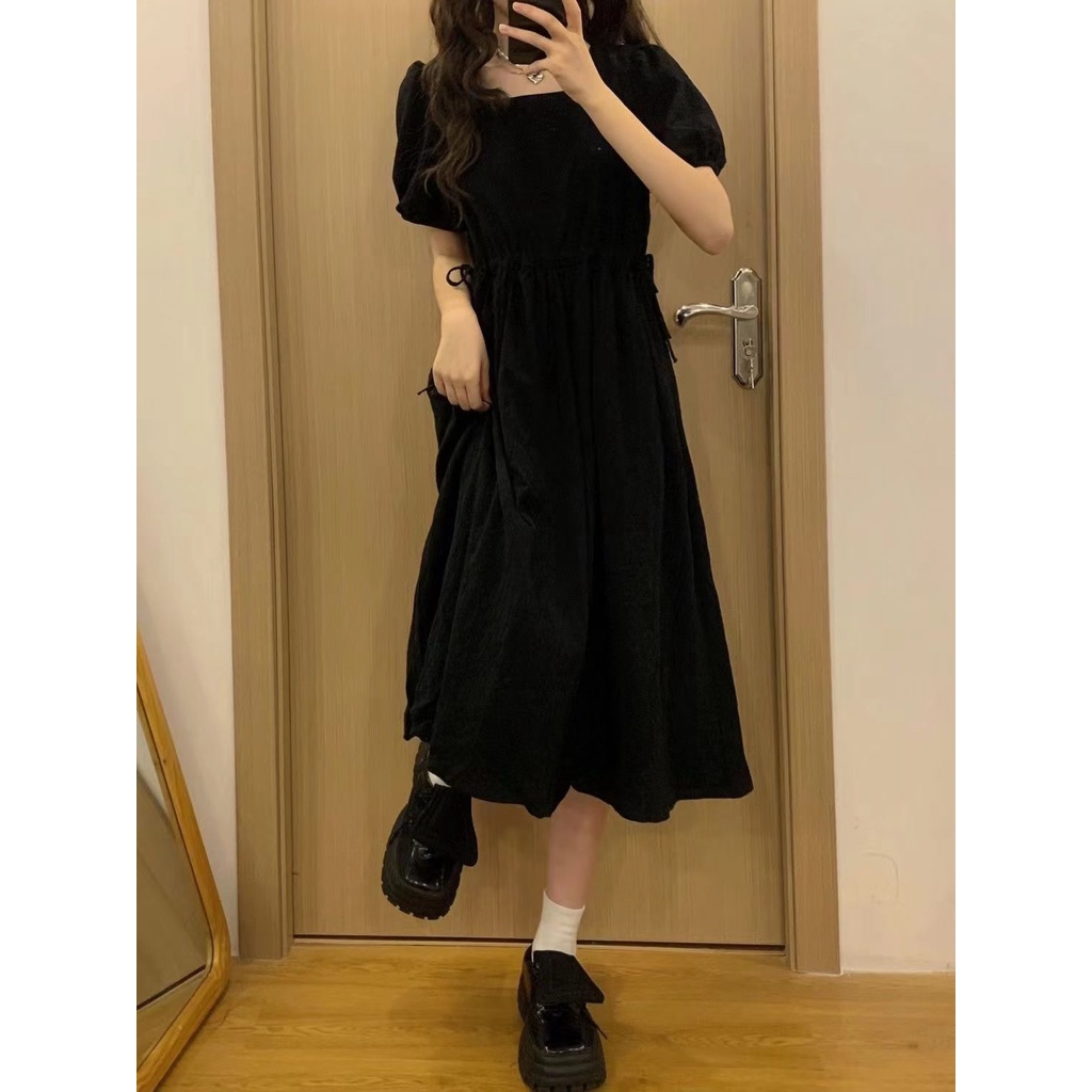 dress floral korea Jiao Jia Qiao/Lengan Puff Hitam ManisaBaju Wanita Pinggang Sedikit Gemuk, Rok Mid