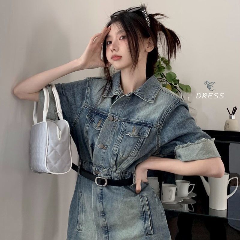 dress floral korea POLOBaju Denim Kerah Wanita Musim Panas2023Hong Kong Rok Gaun Pendek Bertali Retr