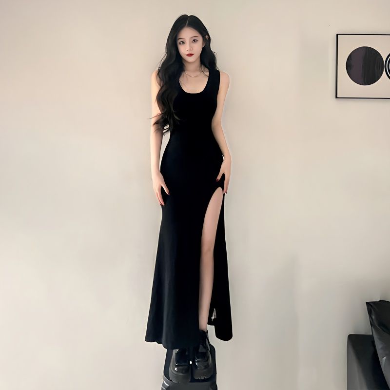 dress floral korea Gaun Belah Ketat Wanita, Gaun Hitam Ketat Sobek Teh Musim Panas