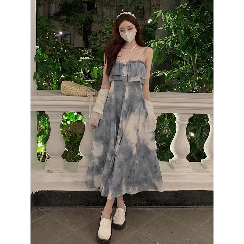 Red Desain rasa tinta smudger suspender dress wanita musim panas 2023 baru mid-panjang mengacak-acak pinggang rok a-line