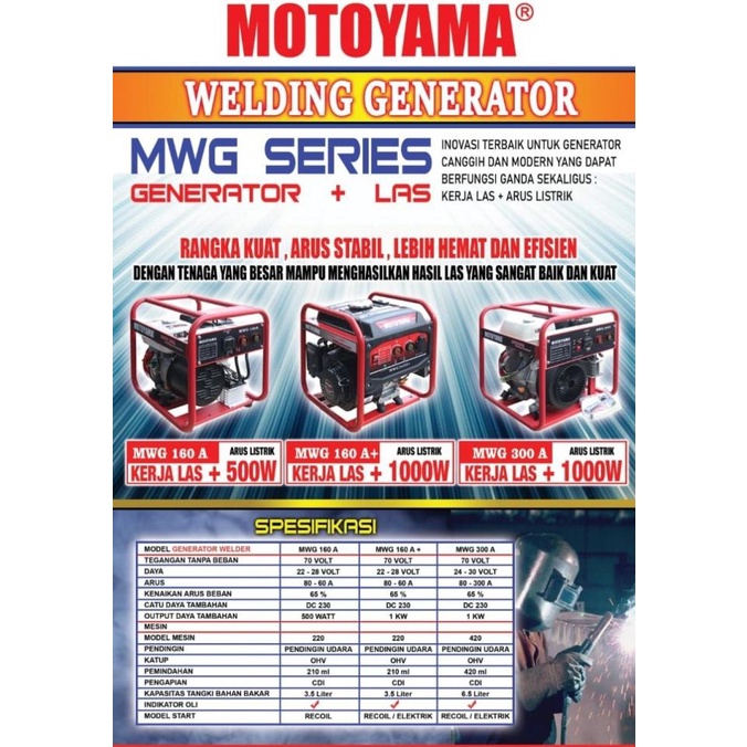 Mesin Las Welding Generator MWG 160 A 1000 watt Motoyama Berkualitas