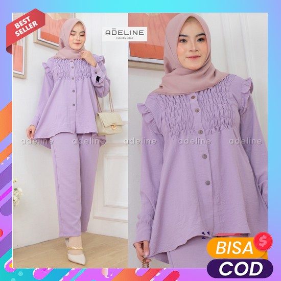 One Set Botega Bahan Crinkel/ Setelan Salur Motif Terbaru Sg Adem Smoke Set Ld110- Setcel Crinkle Ju