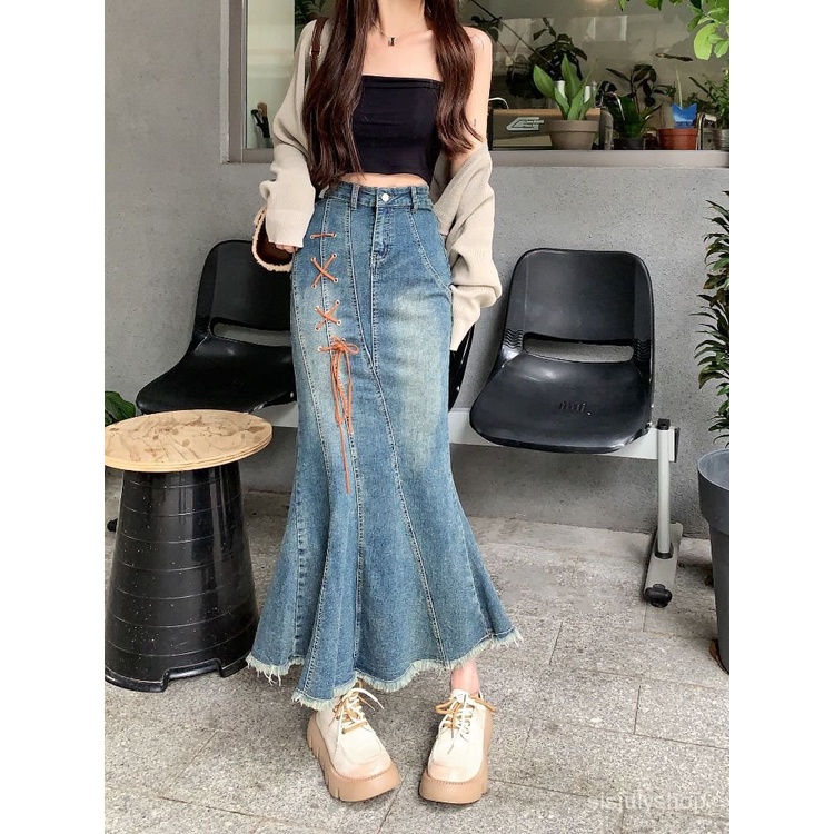 [✅BISA COD] #Sisjuly# Rok pinggul wanita / rok denim setengah badan berpotongan bulu antik / rok rok