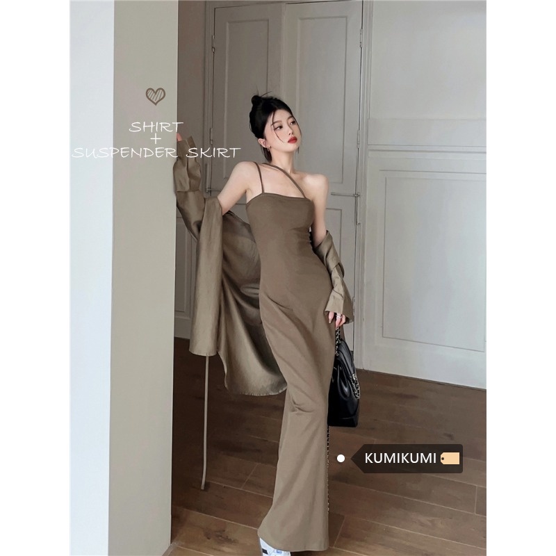 ⊙✹gaun musim panas pantai fashion desain ceruk lengan panjang jaket wanita musim panas suspender rok gaun dua potong set