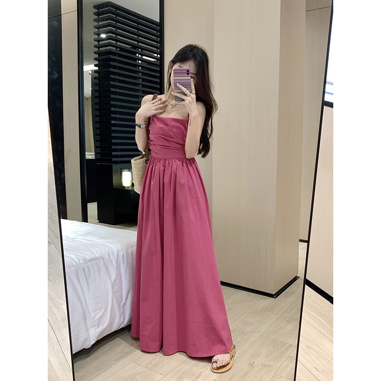 ♝dress summer beach rose red suspender dress female summer 2023 niche tube top skirt design sense temperamen pinggang waist a-line long skirt