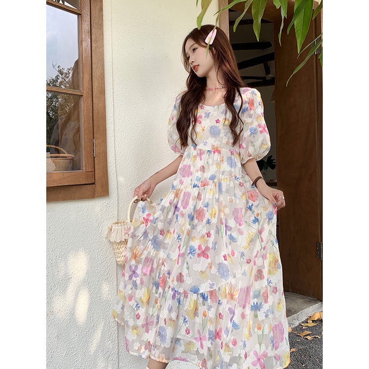 ₪dress summer beach sweet floral skirt round neck puff sleeve dress women s summer design sense mid-length A-line skirt