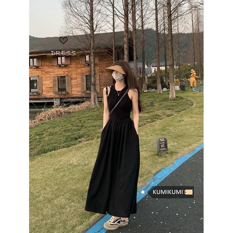 ✷◊✖gaun musim panas pantai rok hitam gaya Hepburn tanpa lengan rompi wanita musim panas Perancis pinggang pelangsing temperamen a-line mid-length rok