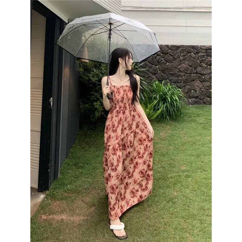 ♞☏gaun musim panas pantai French rose cetak suspender rok musim panas wanita pinggang lipit dress temperamen rok panjang ramping