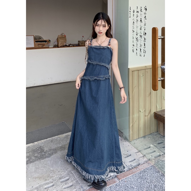 ❏gaun musim panas pantai retro rumbai denim suspender gaun wanita musim panas rasa desain buka kembali pinggang rok panjang