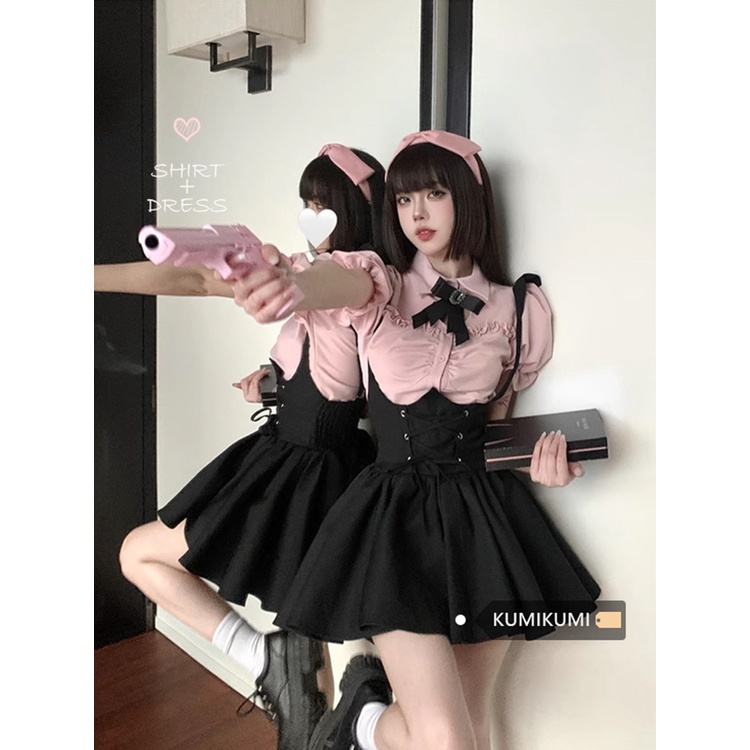 Red Sweet babes suit pink lengan pendek kemeja musim panas wanita pinggang slim suspender dress jk seragam dua potong set