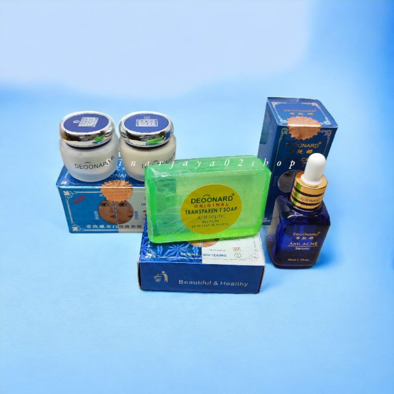 Cream Deoonard Set 4in1 Siang Malam + Serum Biru Anti Acne + Sabun Hijau 02 Dan Deonard Hitam 01 Original