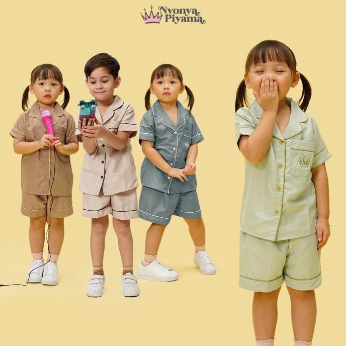 Nyonya Piyama Poly Bamboo Set Piyama Celana Pendek Anak - Polos Herb