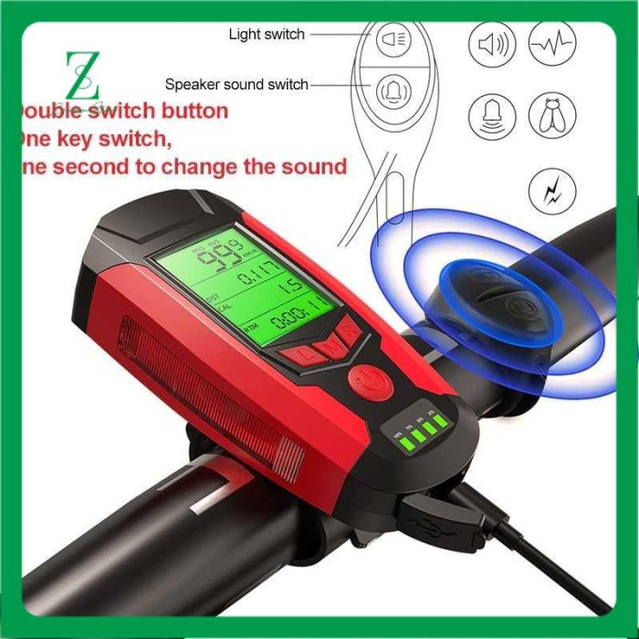 4 In 1 Lampu Sepeda + Klakson + Speedometer Recharge 1200Mah Anlook