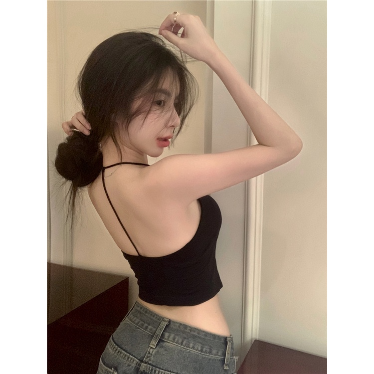 ✾▨✙cropped top hitam halter neck kamisol pakaian dalam wanita anti-selip musim panas tanpa lengan ceruk hot girl halter top dengan bantalan dada #COD